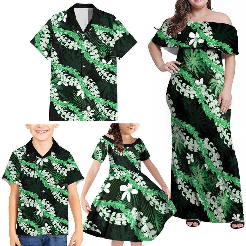 Puakenikeni Maile Lei Family Matching Off Shoulder Maxi Dress and Hawaiian Shirt Frangipani Green Tropical Leaves
