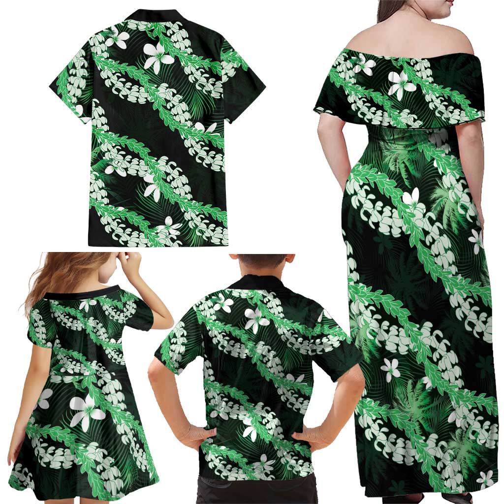 Puakenikeni Maile Lei Family Matching Off Shoulder Maxi Dress and Hawaiian Shirt Frangipani Green Tropical Leaves