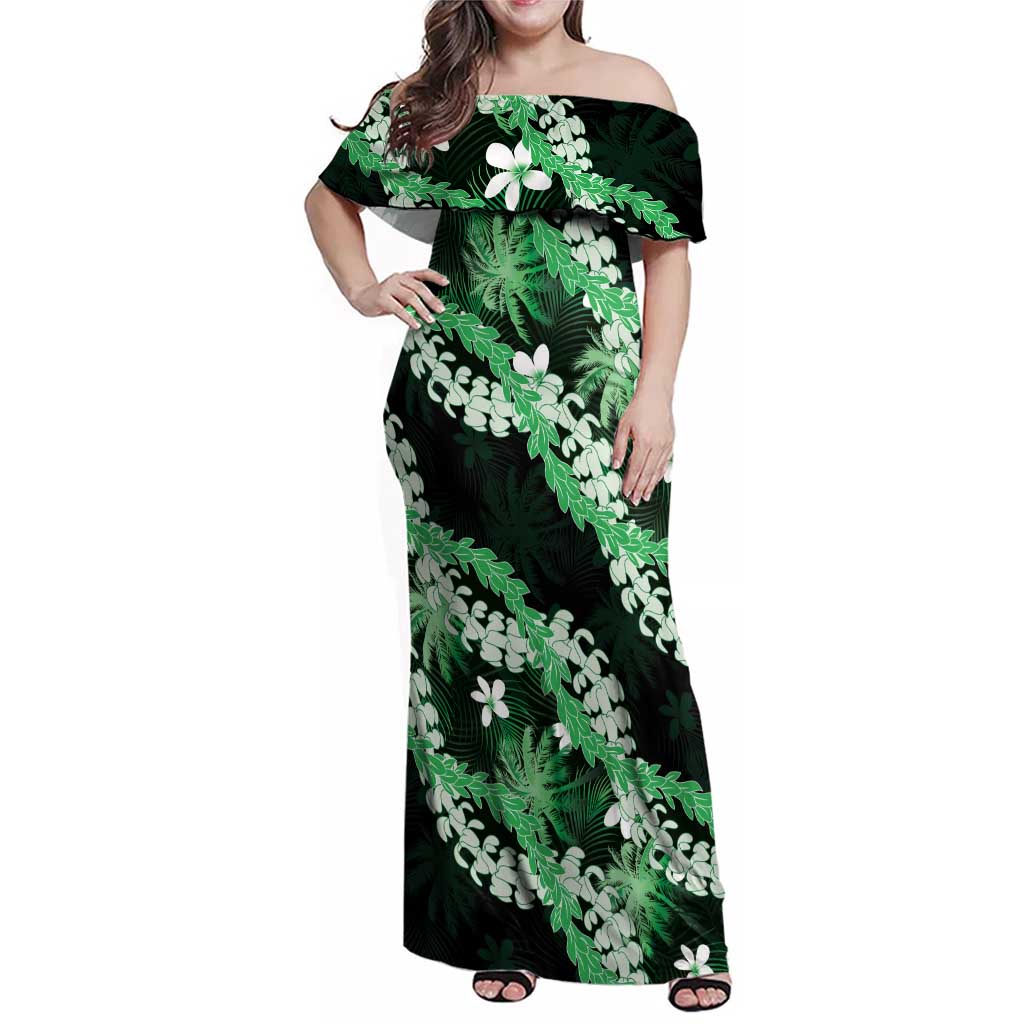 Puakenikeni Maile Lei Family Matching Off Shoulder Maxi Dress and Hawaiian Shirt Frangipani Green Tropical Leaves