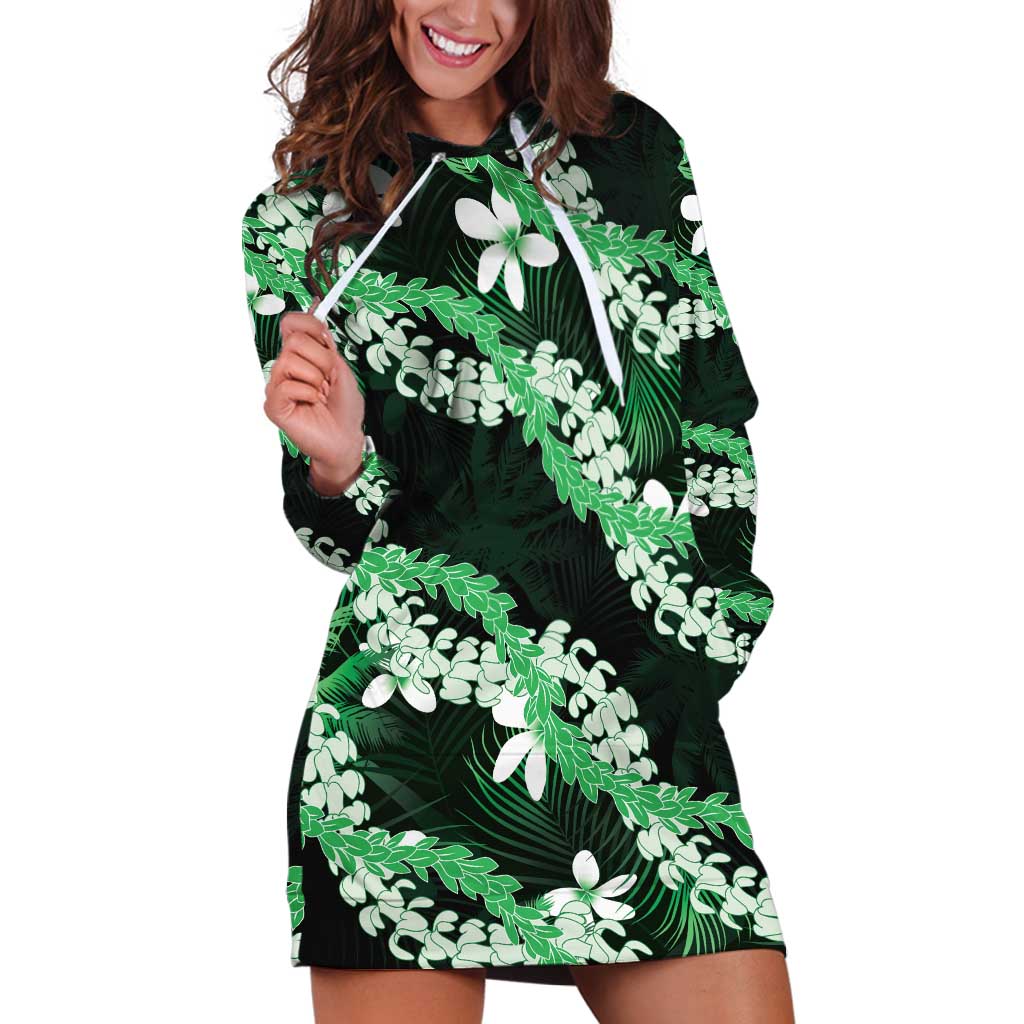 Puakenikeni Maile Lei Hoodie Dress Frangipani Green Tropical Leaves