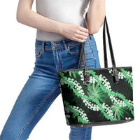 Puakenikeni Maile Lei Leather Tote Bag Frangipani Green Tropical Leaves LT01 - Polynesian Pride