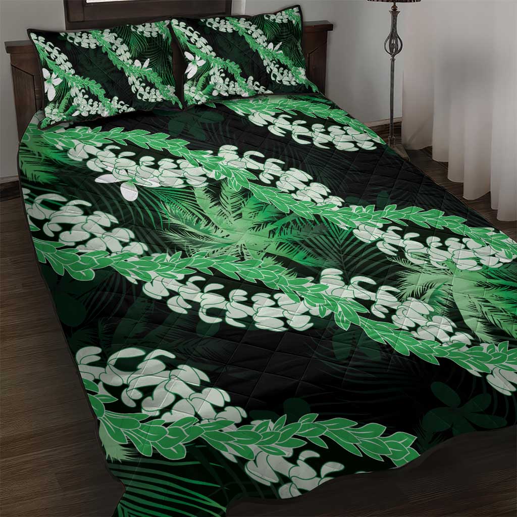 Puakenikeni Maile Lei Quilt Bed Set Frangipani Green Tropical Leaves