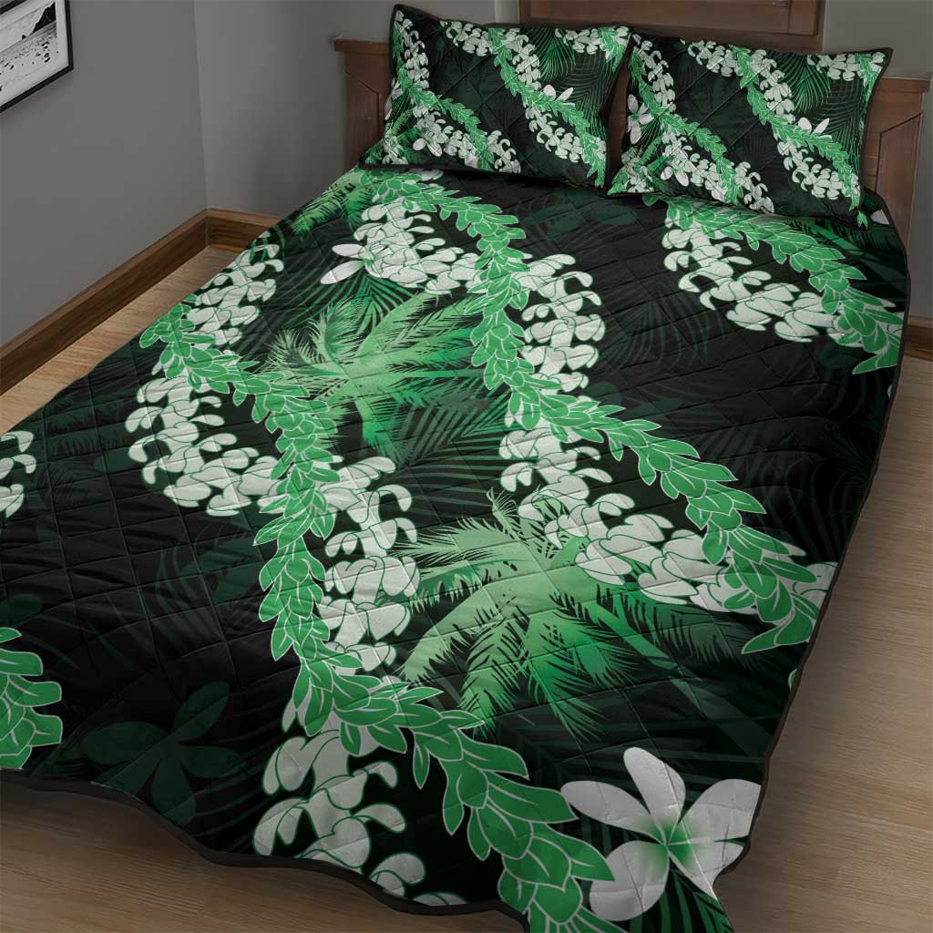 Puakenikeni Maile Lei Quilt Bed Set Frangipani Green Tropical Leaves