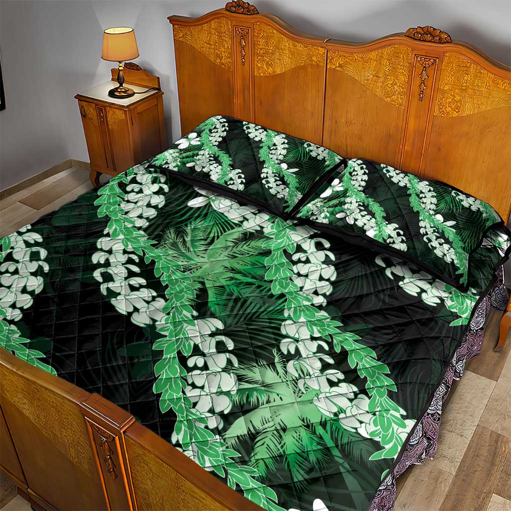 Puakenikeni Maile Lei Quilt Bed Set Frangipani Green Tropical Leaves
