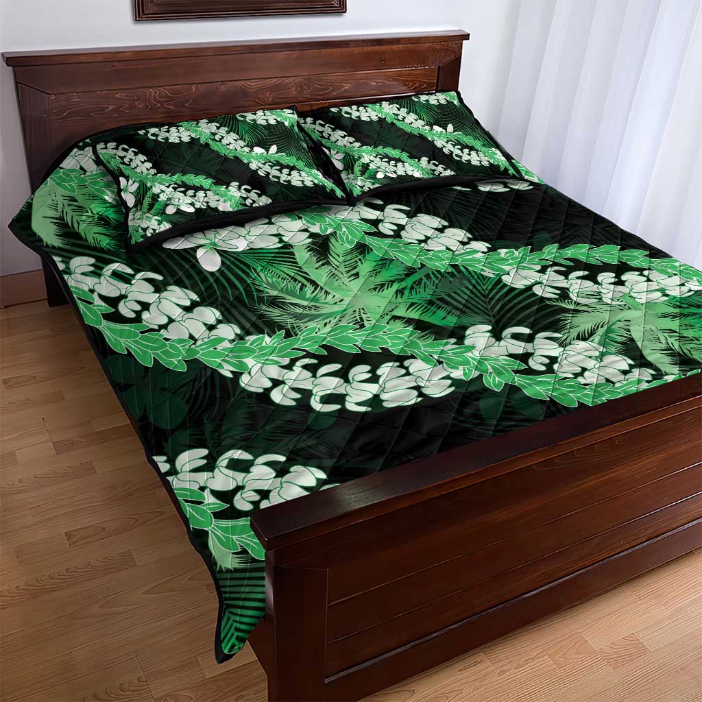 Puakenikeni Maile Lei Quilt Bed Set Frangipani Green Tropical Leaves