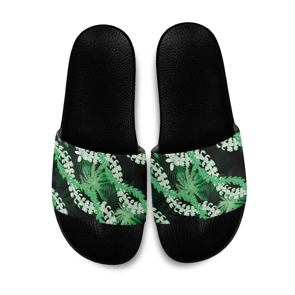 Puakenikeni Maile Lei Slide Sandals Frangipani Green Tropical Leaves