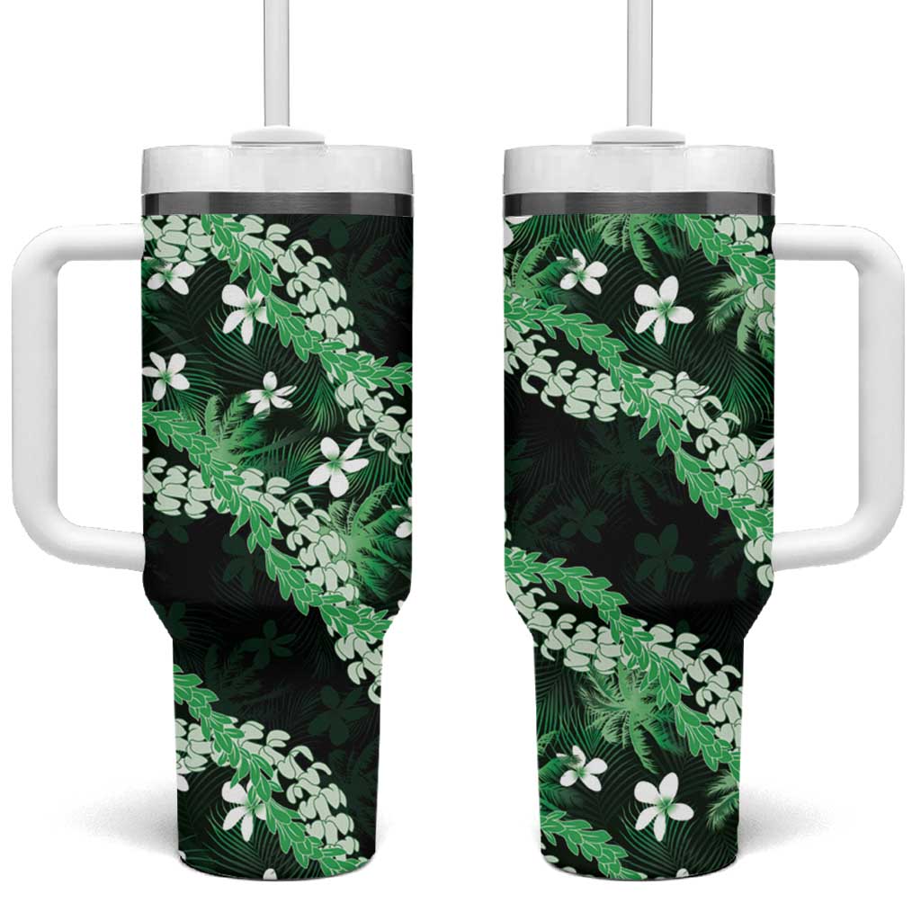 Puakenikeni Maile Lei Tumbler With Handle Frangipani Green Tropical Leaves LT01 One Size: 40 oz Green - Polynesian Pride