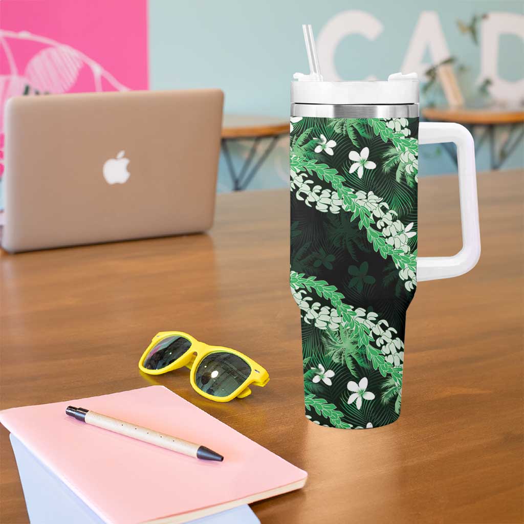 Puakenikeni Maile Lei Tumbler With Handle Frangipani Green Tropical Leaves