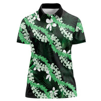 Puakenikeni Maile Lei Women Polo Shirt Frangipani Green Tropical Leaves