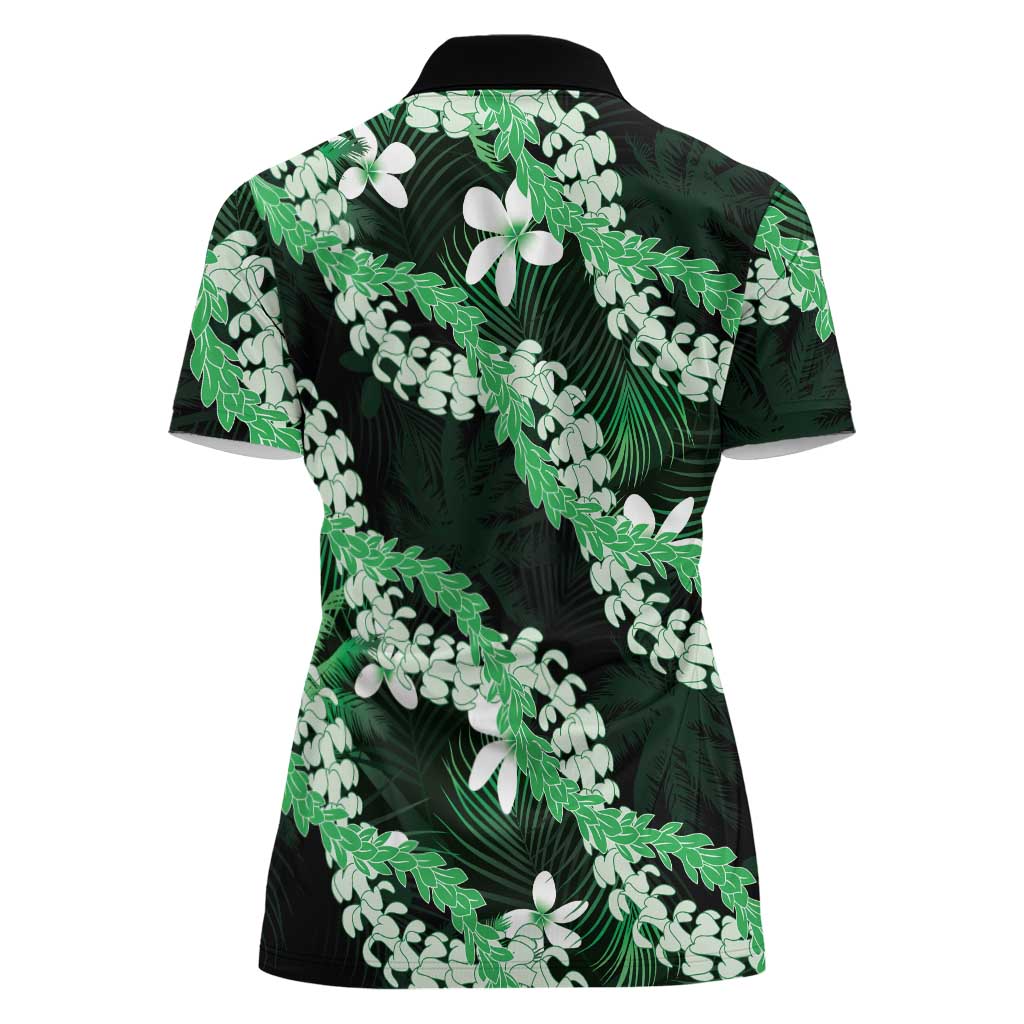 Puakenikeni Maile Lei Women Polo Shirt Frangipani Green Tropical Leaves