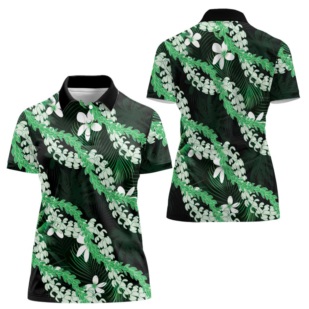 Puakenikeni Maile Lei Women Polo Shirt Frangipani Green Tropical Leaves