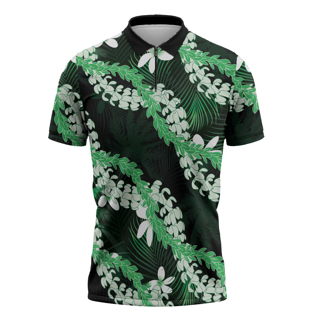 Puakenikeni Maile Lei Zipper Polo Shirt Frangipani Green Tropical Leaves