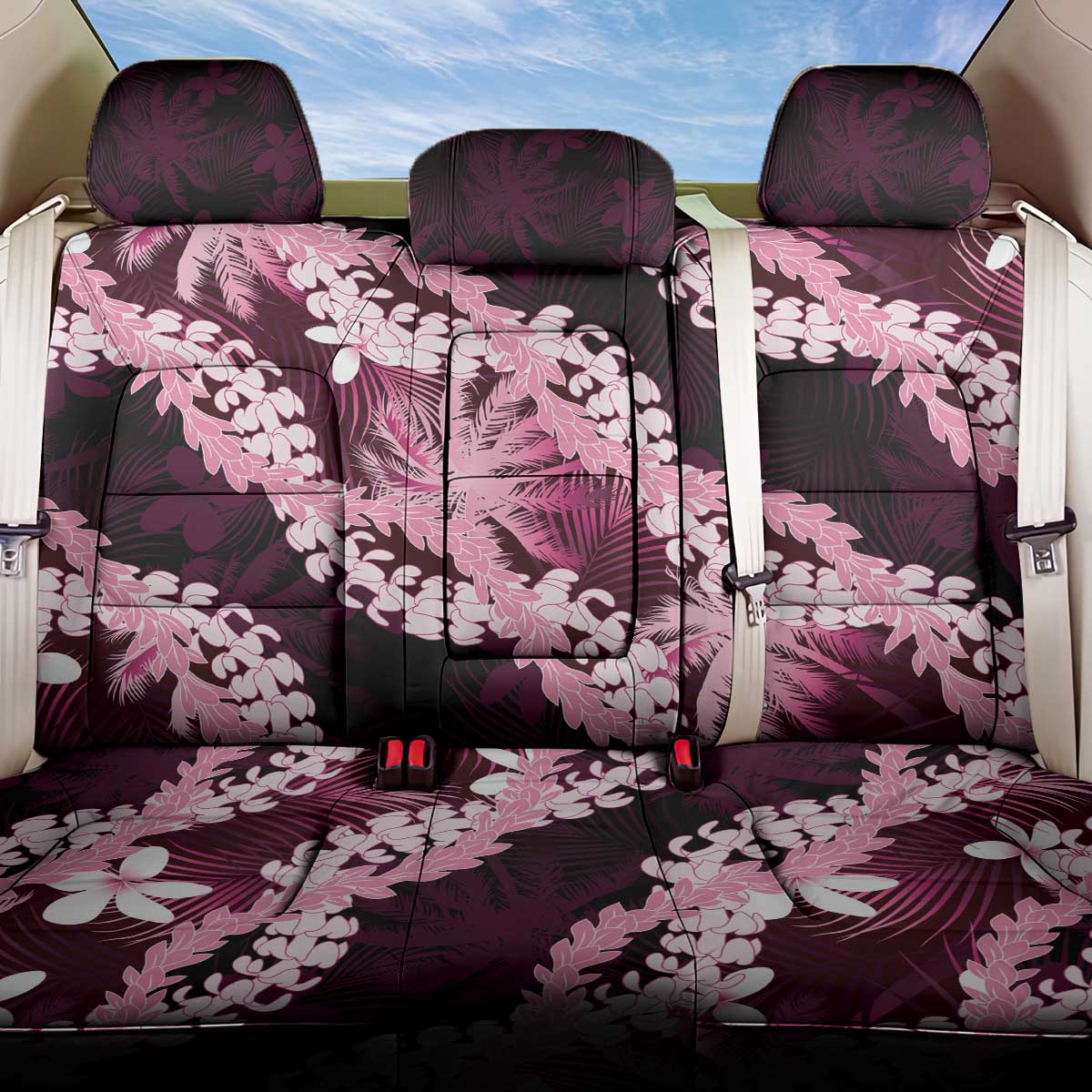 Puakenikeni Maile Lei Back Car Seat Cover Frangipani Pink Tropical Leaves