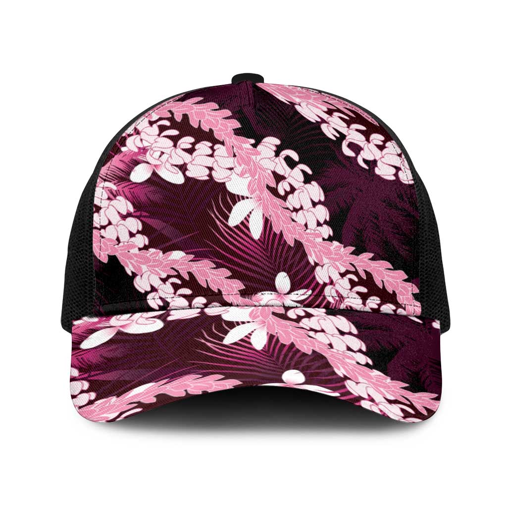 Puakenikeni Maile Lei Baseball Net Cap Frangipani Pink Tropical Leaves