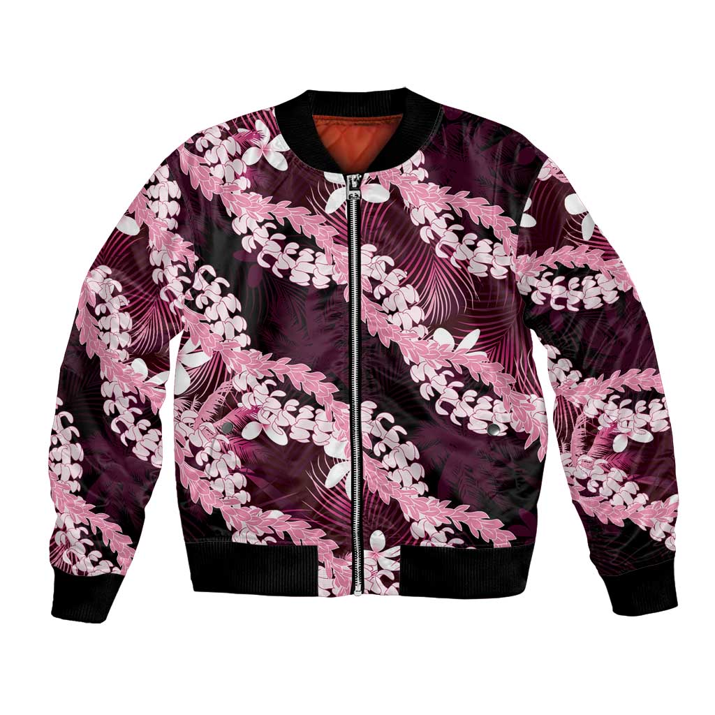 Puakenikeni Maile Lei Bomber Jacket Frangipani Pink Tropical Leaves