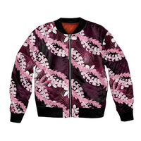 Puakenikeni Maile Lei Bomber Jacket Frangipani Pink Tropical Leaves