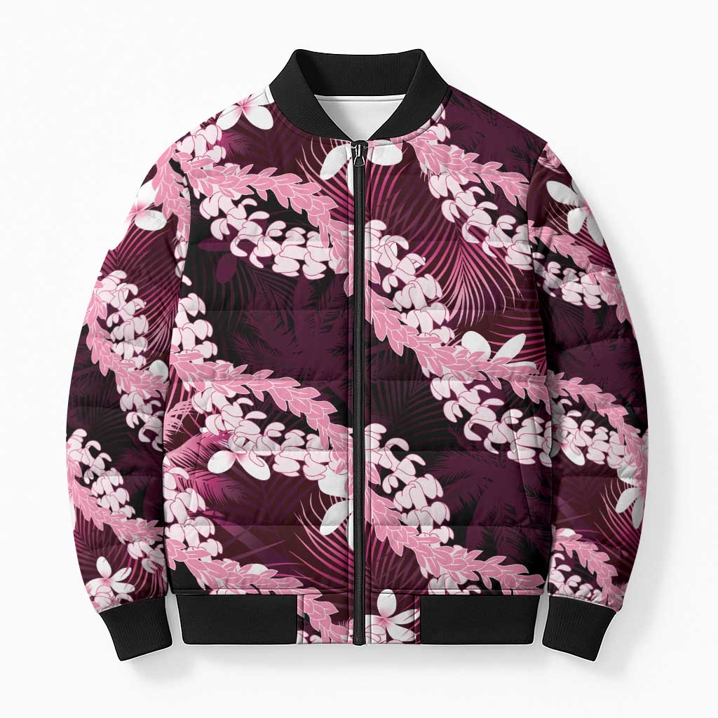 Puakenikeni Maile Lei Bomber Puffer Jacket Frangipani Pink Tropical Leaves