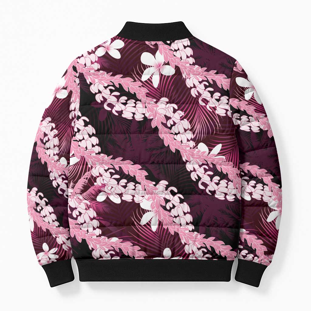 Puakenikeni Maile Lei Bomber Puffer Jacket Frangipani Pink Tropical Leaves