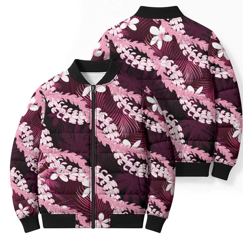 Puakenikeni Maile Lei Bomber Puffer Jacket Frangipani Pink Tropical Leaves
