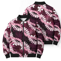 Puakenikeni Maile Lei Bomber Puffer Jacket Frangipani Pink Tropical Leaves