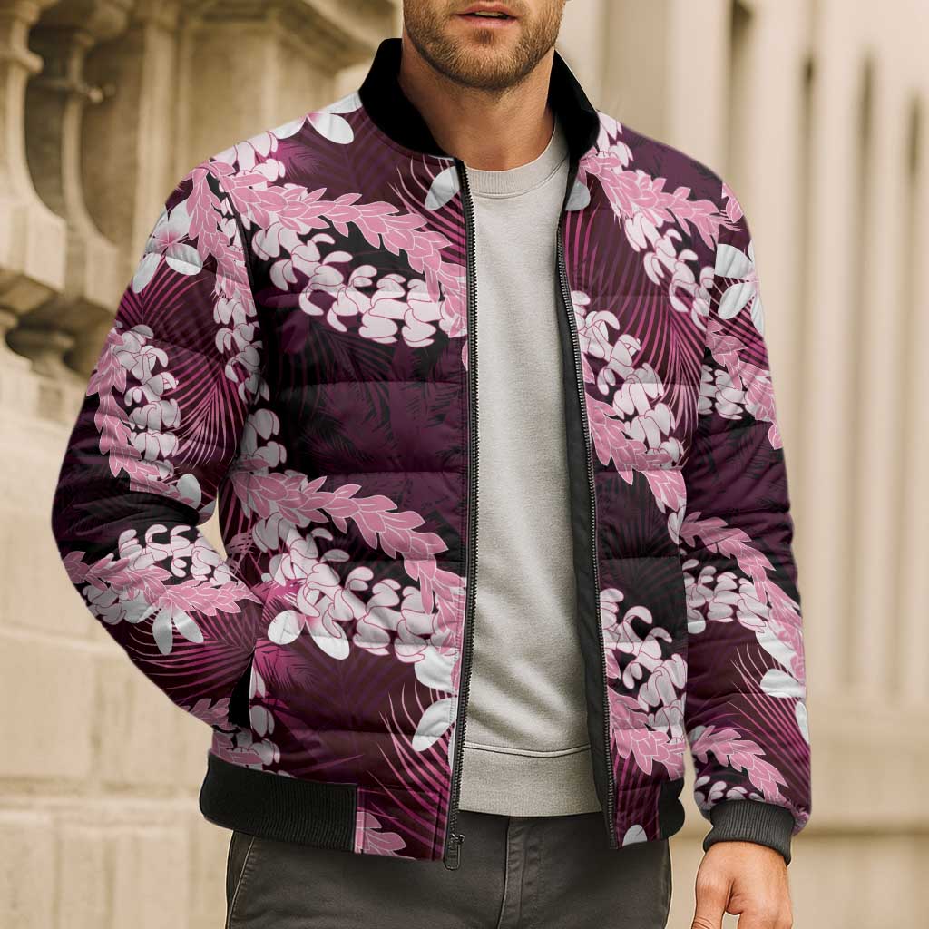 Puakenikeni Maile Lei Bomber Puffer Jacket Frangipani Pink Tropical Leaves