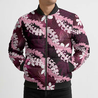 Puakenikeni Maile Lei Bomber Puffer Jacket Frangipani Pink Tropical Leaves