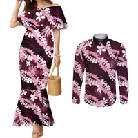 Puakenikeni Maile Lei Couples Matching Mermaid Dress and Long Sleeve Button Shirt Frangipani Pink Tropical Leaves