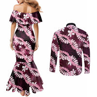 Puakenikeni Maile Lei Couples Matching Mermaid Dress and Long Sleeve Button Shirt Frangipani Pink Tropical Leaves