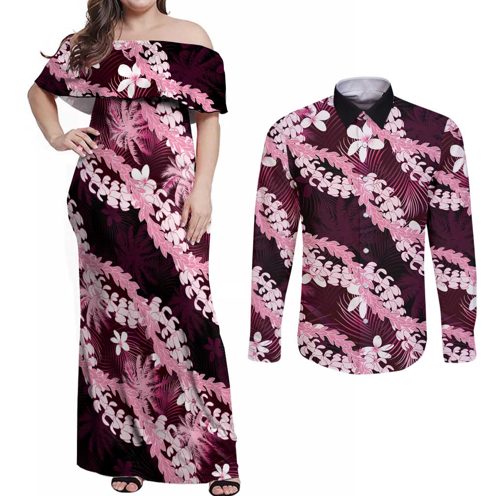 Puakenikeni Maile Lei Couples Matching Off Shoulder Maxi Dress and Long Sleeve Button Shirt Frangipani Pink Tropical Leaves LT01 Pink - Polynesian Pride