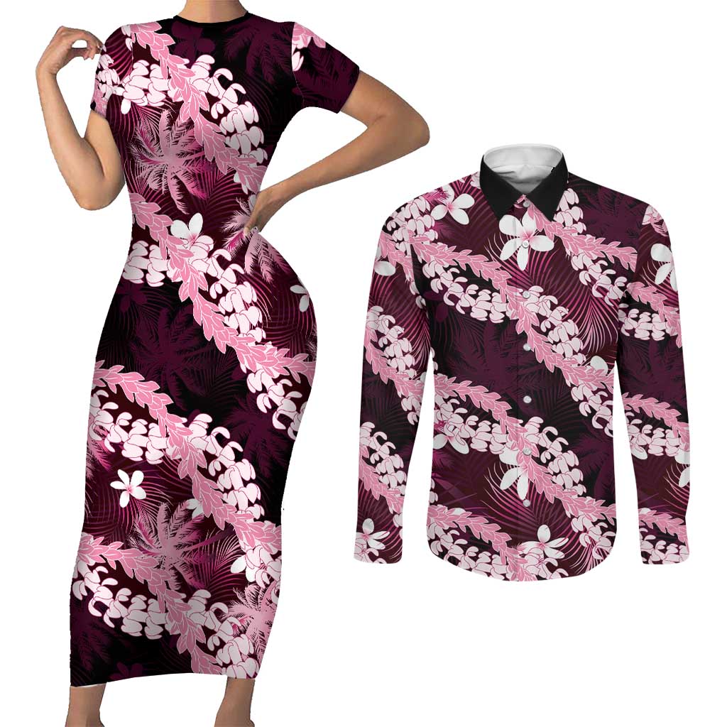 Puakenikeni Maile Lei Couples Matching Short Sleeve Bodycon Dress and Long Sleeve Button Shirt Frangipani Pink Tropical Leaves