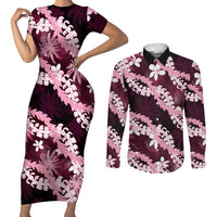 Puakenikeni Maile Lei Couples Matching Short Sleeve Bodycon Dress and Long Sleeve Button Shirt Frangipani Pink Tropical Leaves