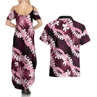 Puakenikeni Maile Lei Couples Matching Summer Maxi Dress and Hawaiian Shirt Frangipani Pink Tropical Leaves