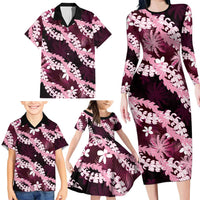 Puakenikeni Maile Lei Family Matching Long Sleeve Bodycon Dress and Hawaiian Shirt Frangipani Pink Tropical Leaves