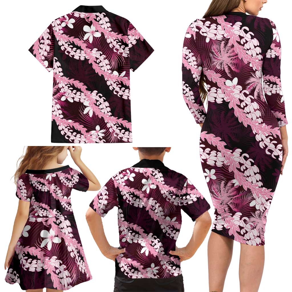Puakenikeni Maile Lei Family Matching Long Sleeve Bodycon Dress and Hawaiian Shirt Frangipani Pink Tropical Leaves