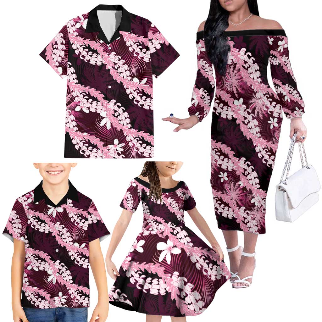 Puakenikeni Maile Lei Family Matching Off The Shoulder Long Sleeve Dress and Hawaiian Shirt Frangipani Pink Tropical Leaves LT01 - Polynesian Pride