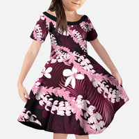 Puakenikeni Maile Lei Family Matching Short Sleeve Bodycon Dress and Hawaiian Shirt Frangipani Pink Tropical Leaves