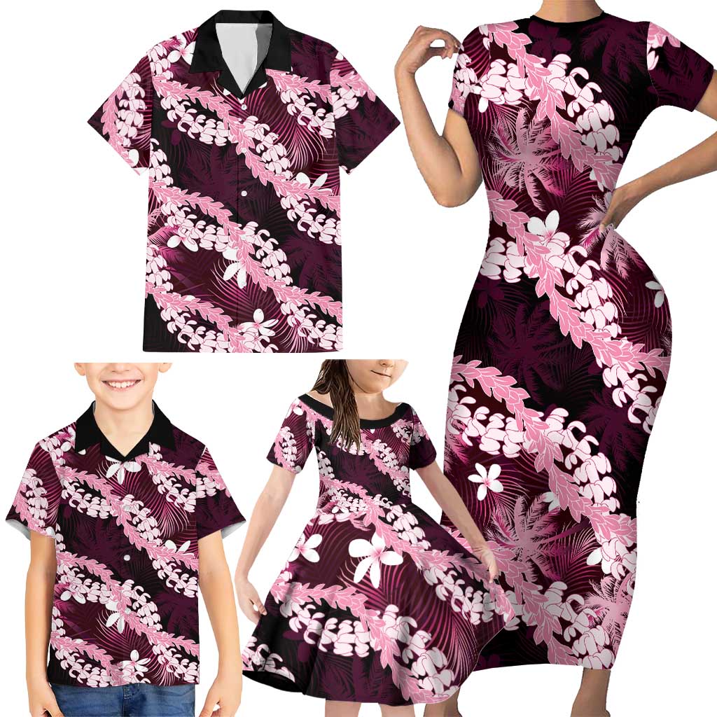 Puakenikeni Maile Lei Family Matching Short Sleeve Bodycon Dress and Hawaiian Shirt Frangipani Pink Tropical Leaves