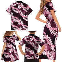 Puakenikeni Maile Lei Family Matching Short Sleeve Bodycon Dress and Hawaiian Shirt Frangipani Pink Tropical Leaves
