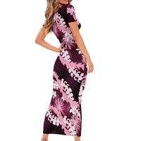 Puakenikeni Maile Lei Family Matching Short Sleeve Bodycon Dress and Hawaiian Shirt Frangipani Pink Tropical Leaves