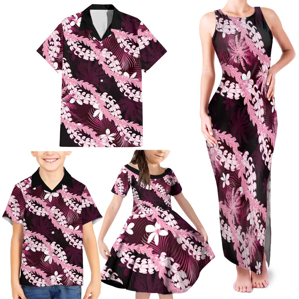 Puakenikeni Maile Lei Family Matching Tank Maxi Dress and Hawaiian Shirt Frangipani Pink Tropical Leaves