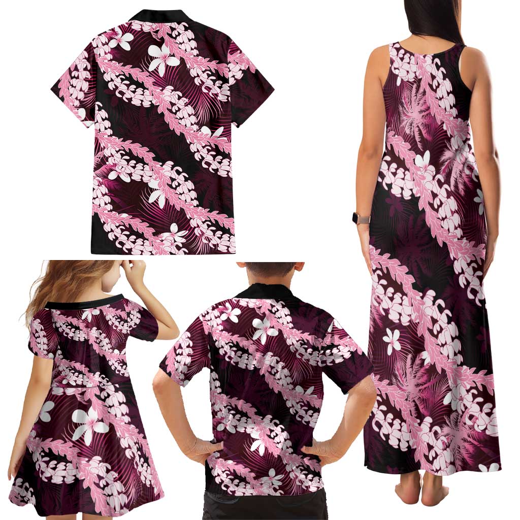 Puakenikeni Maile Lei Family Matching Tank Maxi Dress and Hawaiian Shirt Frangipani Pink Tropical Leaves