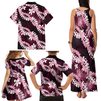 Puakenikeni Maile Lei Family Matching Tank Maxi Dress and Hawaiian Shirt Frangipani Pink Tropical Leaves