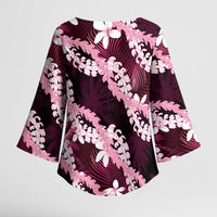 Puakenikeni Maile Lei Kimono Sleeve Blouse Frangipani Pink Tropical Leaves