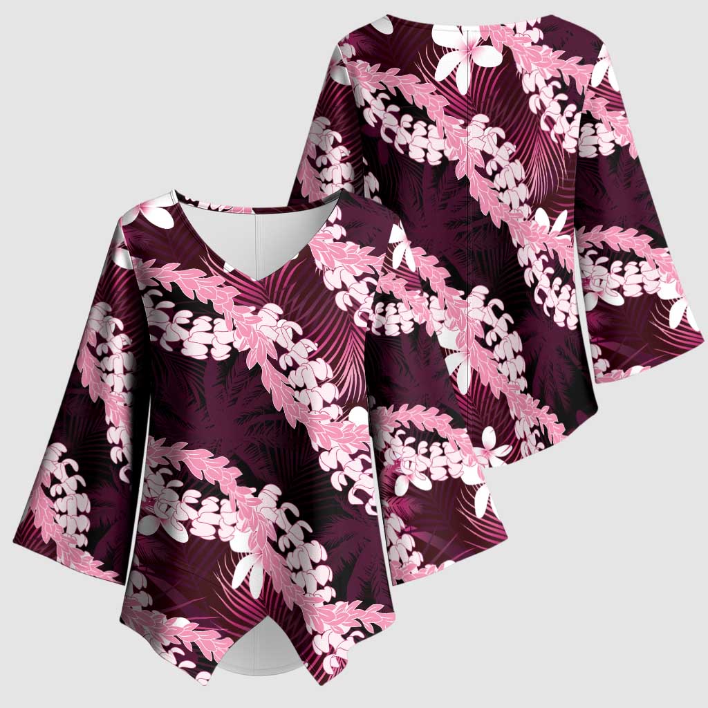 Puakenikeni Maile Lei Kimono Sleeve Blouse Frangipani Pink Tropical Leaves