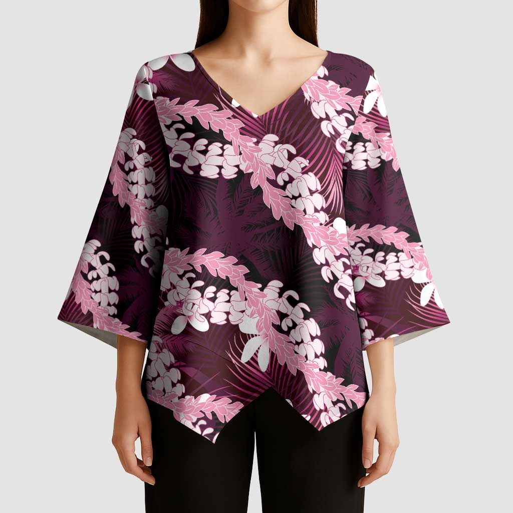 Puakenikeni Maile Lei Kimono Sleeve Blouse Frangipani Pink Tropical Leaves