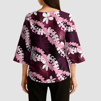 Puakenikeni Maile Lei Kimono Sleeve Blouse Frangipani Pink Tropical Leaves