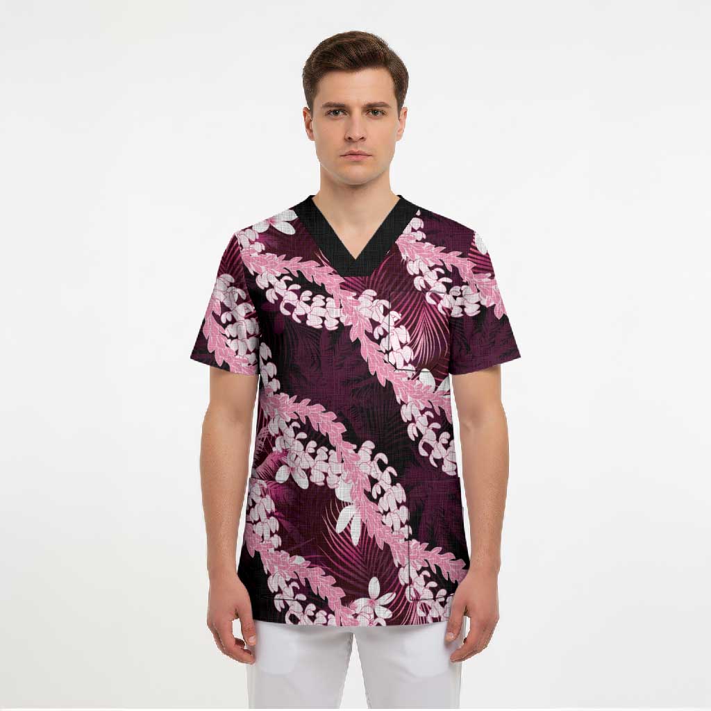 Puakenikeni Maile Lei Scrub Top Frangipani Pink Tropical Leaves LT01 - Polynesian Pride