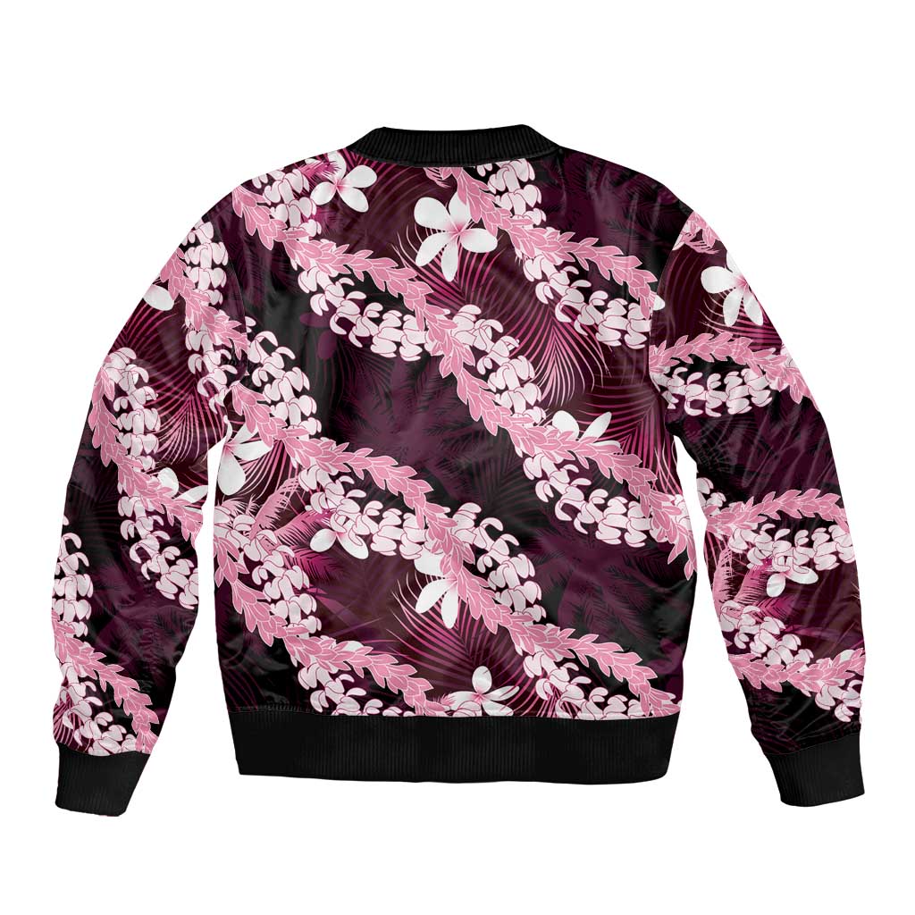 Puakenikeni Maile Lei Sleeve Zip Bomber Jacket Frangipani Pink Tropical Leaves LT01 - Polynesian Pride