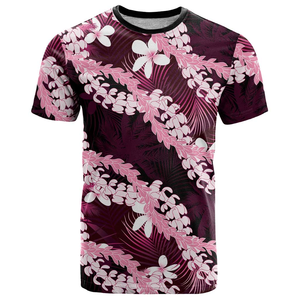 Puakenikeni Maile Lei T Shirt Frangipani Pink Tropical Leaves