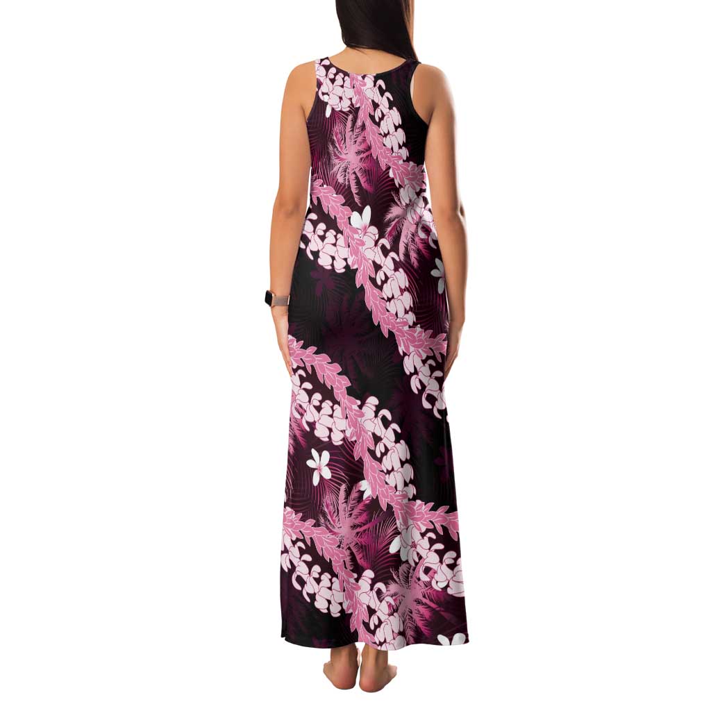 Puakenikeni Maile Lei Tank Maxi Dress Frangipani Pink Tropical Leaves